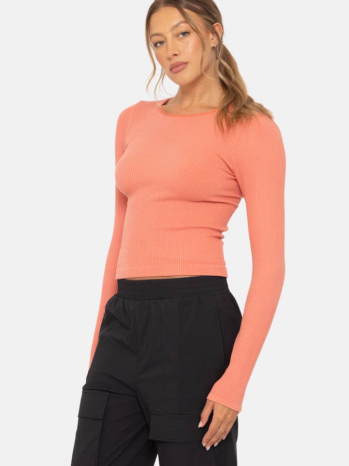 Mono B - Wholesale Knit Top - Women's - Seamless Ribbed Long Sleeve Top