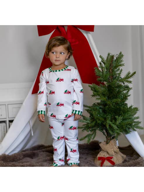 Sugar Bee Clothing - Wholesale Sleepwear Set - Unisex - Christmas 2025 Pajamas - Kids Buttflap - Christmas Tractors 2