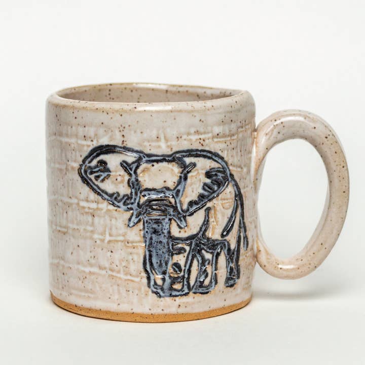 Elephant Design Handmade in Ohio Stoneware Mug, 10 oz for wholesale by White Squirrel Clayworks