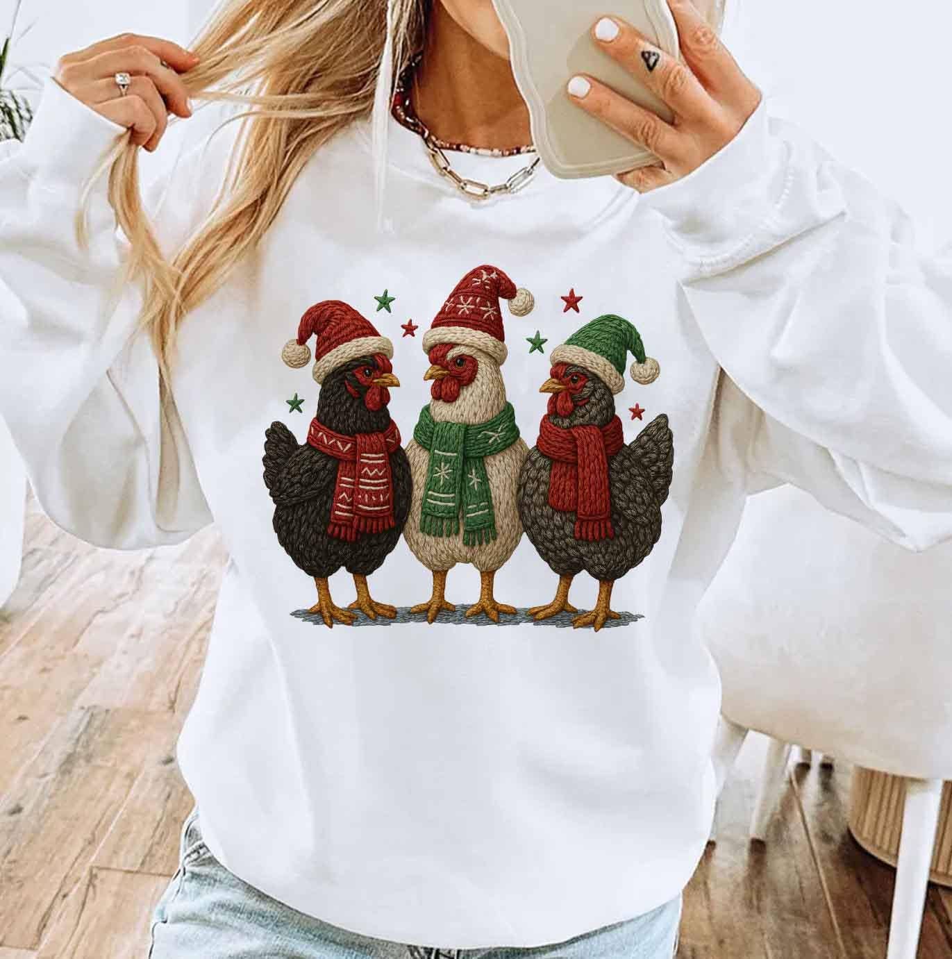 DLT Ecommerce - Wholesale T-shirt (graphic) – women's - Latch Hook Yarn Faux Christmas Chickens Shirt, Crochet Xmas