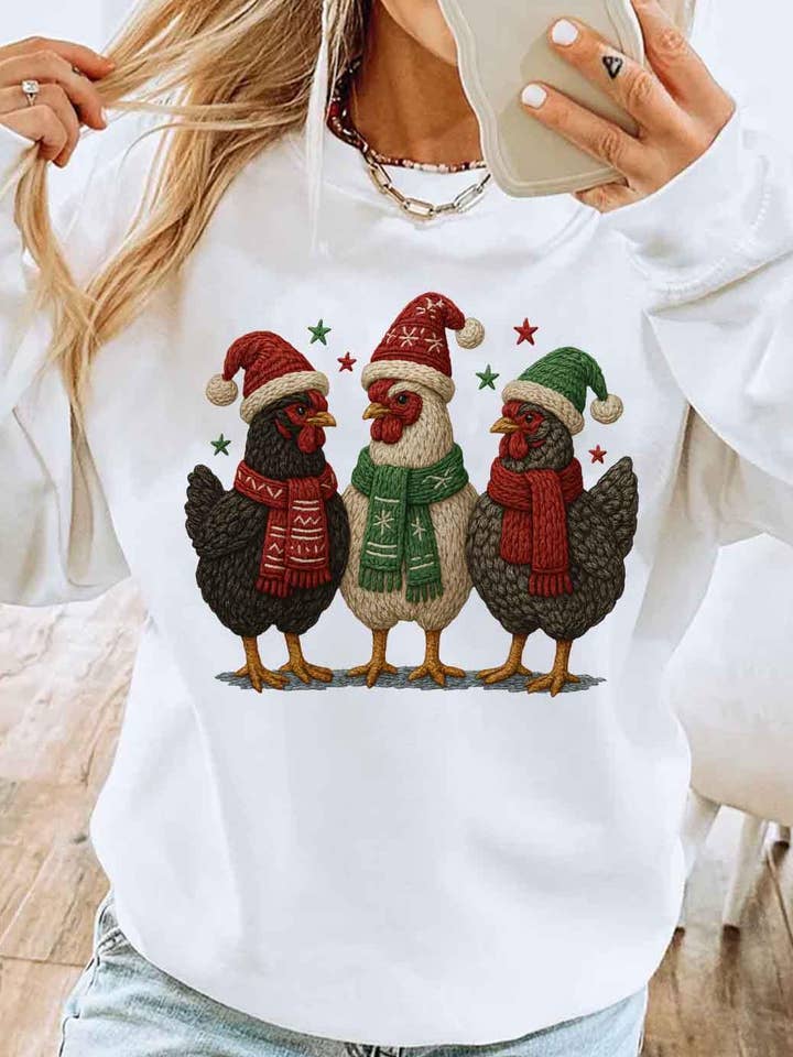 DLT Ecommerce - Wholesale T-shirt (graphic) – women's - Latch Hook Yarn Faux Christmas Chickens Shirt, Crochet Xmas0