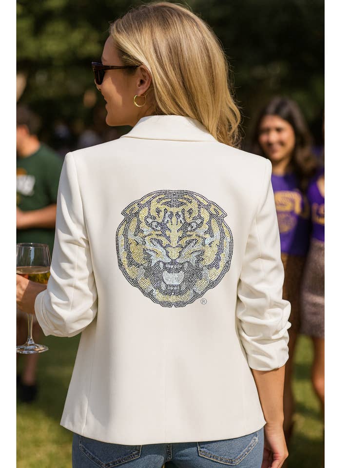 Blazer de Día de Juego, Blanco Fruncido, Tigre de LSU para venta al por mayor de Moving Forward Designs