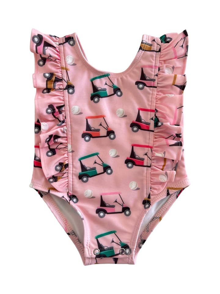 SIIX Collection - Wholesale One Piece Swimsuit - Kids - Pink Golf Cart / Monaco Swimsuit / UPF 50+