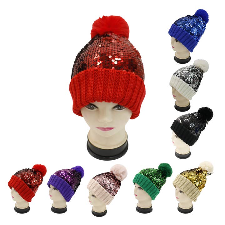 TAPA fashion - Wholesale Beanie – Women's - Pom Pom Sequin Beanie HA3715-1 (3PC)51