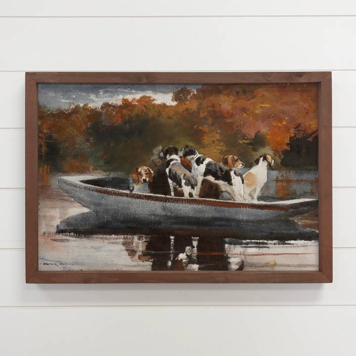 Hunting Dogs on a Boat - Dog canvas Wall Art - Wood Framed for wholesale by Hangout Home