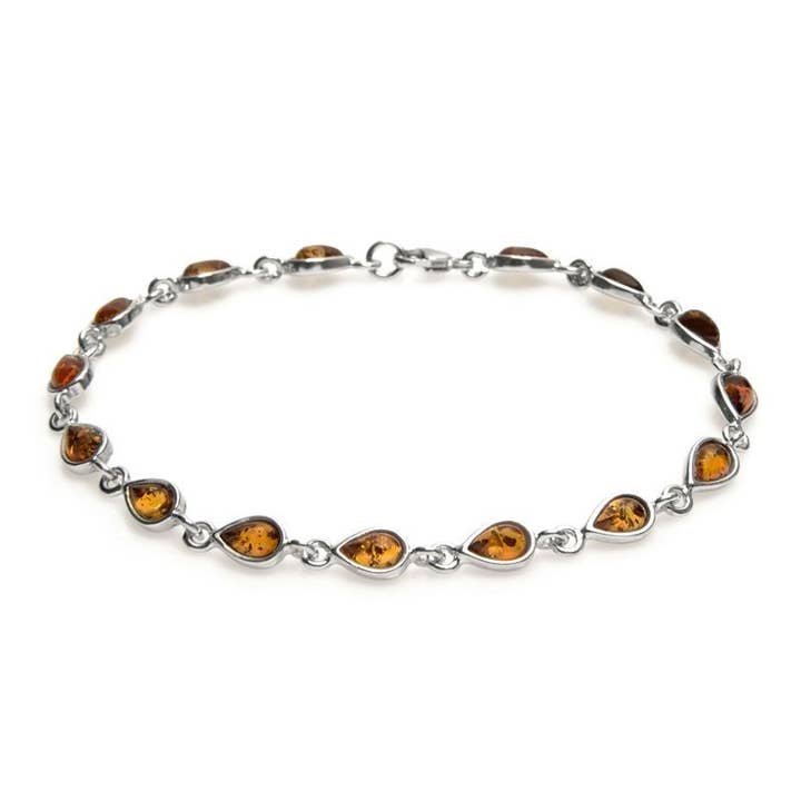 Bracelet ambre cognac goutte, argent 925, longueur 18 cm pour la vente par OPALOOK France