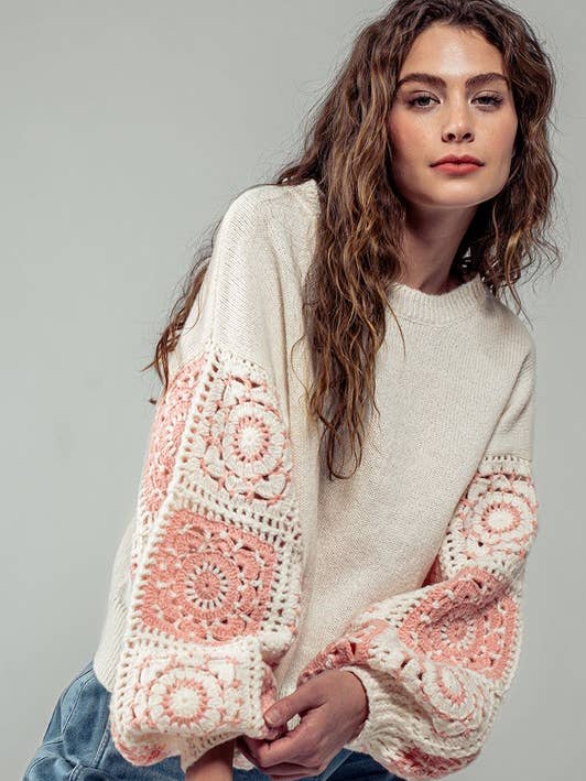 IVORY Quilt Blocked Sleeve Crewneck Sweater for wholesale on Faire
