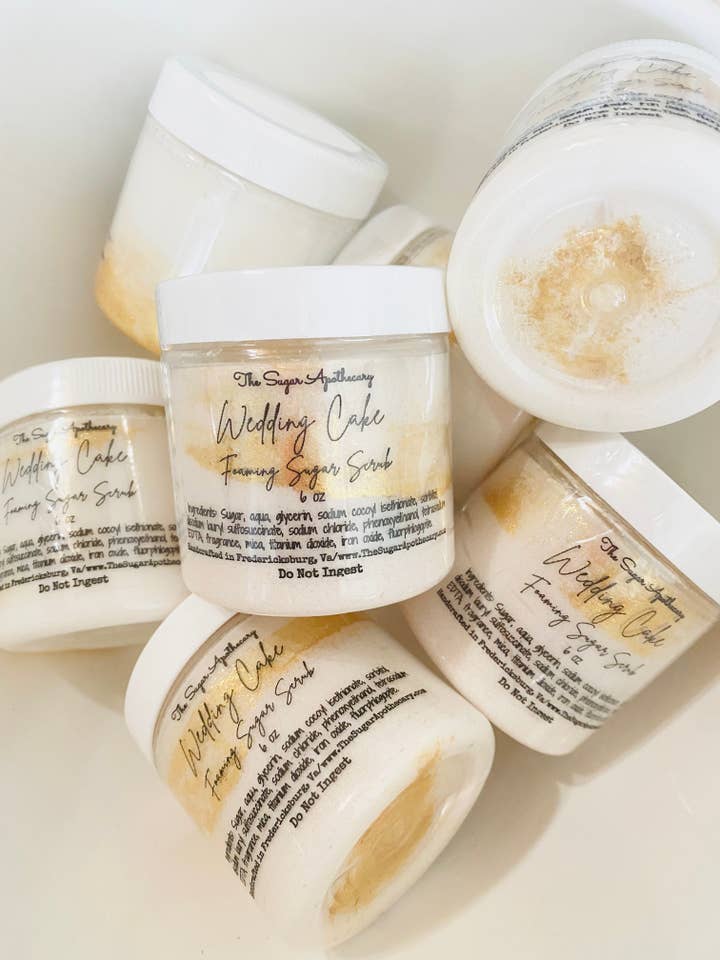 6 oz Wedding cake foaming sugar scrub for wholesale by The Sugar Apothecary