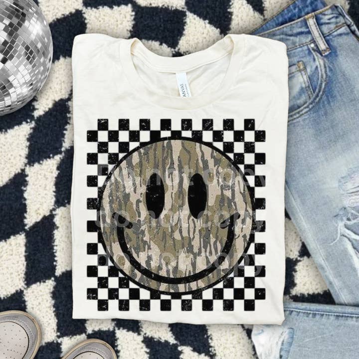 Bottomland camo smiley tee for wholesale by Rustic Rose Western Boutique
