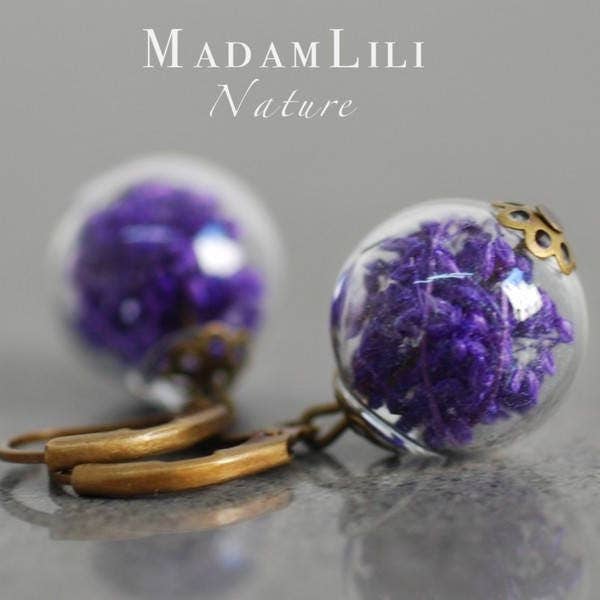 Gypsophila Dried Blossoms Drop Earrings - Bronze Vintage Inspired Purple Dried Flowers Natural Terrarium Botanical Earrings Natural Jewellery - VINOHR-12 for wholesale by MadamLili
