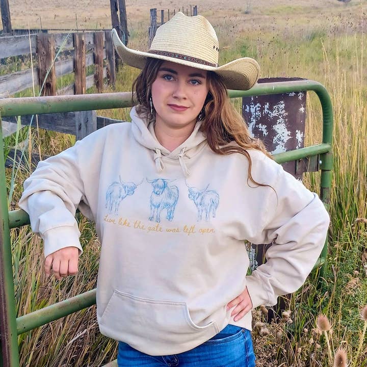 Live Like the Gate was Left Open Western Hoodie - Sand for wholesale by Prairie City Apparel