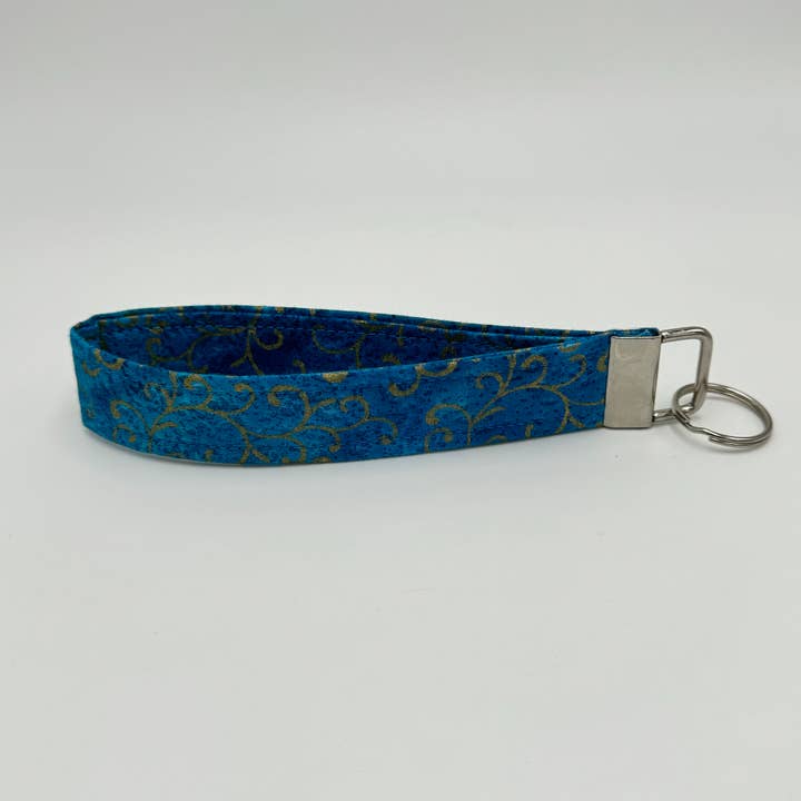 The Sticker Lab - Wholesale Keychain – Women's - Teal Blue & Gold Swirl Fabric Keychain Wristlet, Key Fob