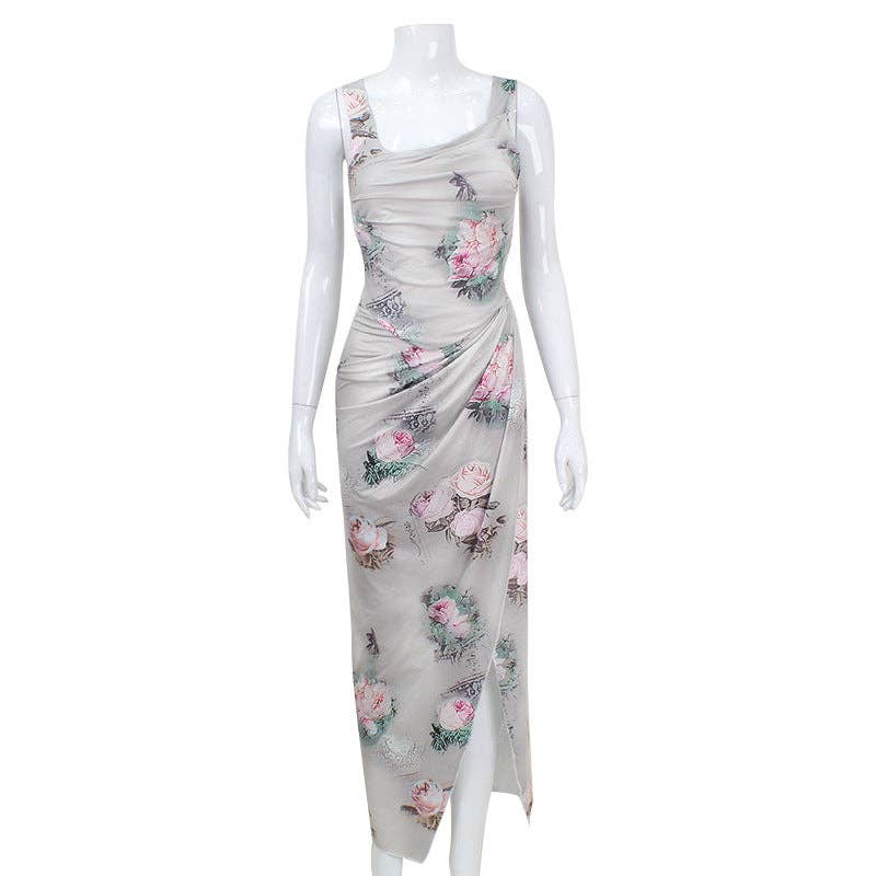 Afdrukken Sexy ensemble met hooggesplitste lange rok en bretellentop met bloemendessin voor groothandel op Faire4