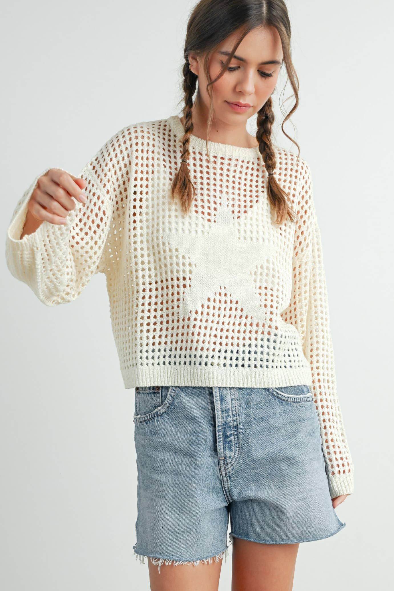 BUTTERMELON - Wholesale Knit Sweater - Women's - Crew Neck Crochet Sweater - BMW763325