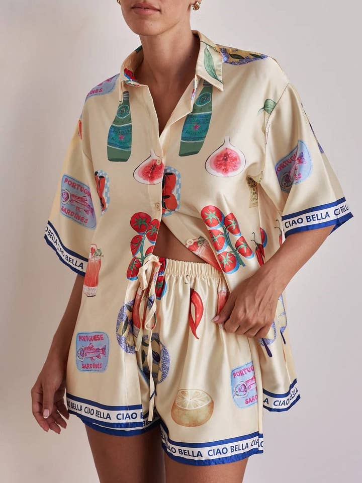 Beige Ciao Sicily Cartoon graffiti print blouse short set for wholesale on Faire6