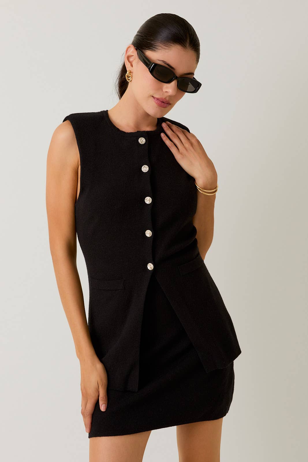 Black POWER SHOULDER BUTTON UP KNIT VEST & SWEATER SKORT for wholesale on Faire1