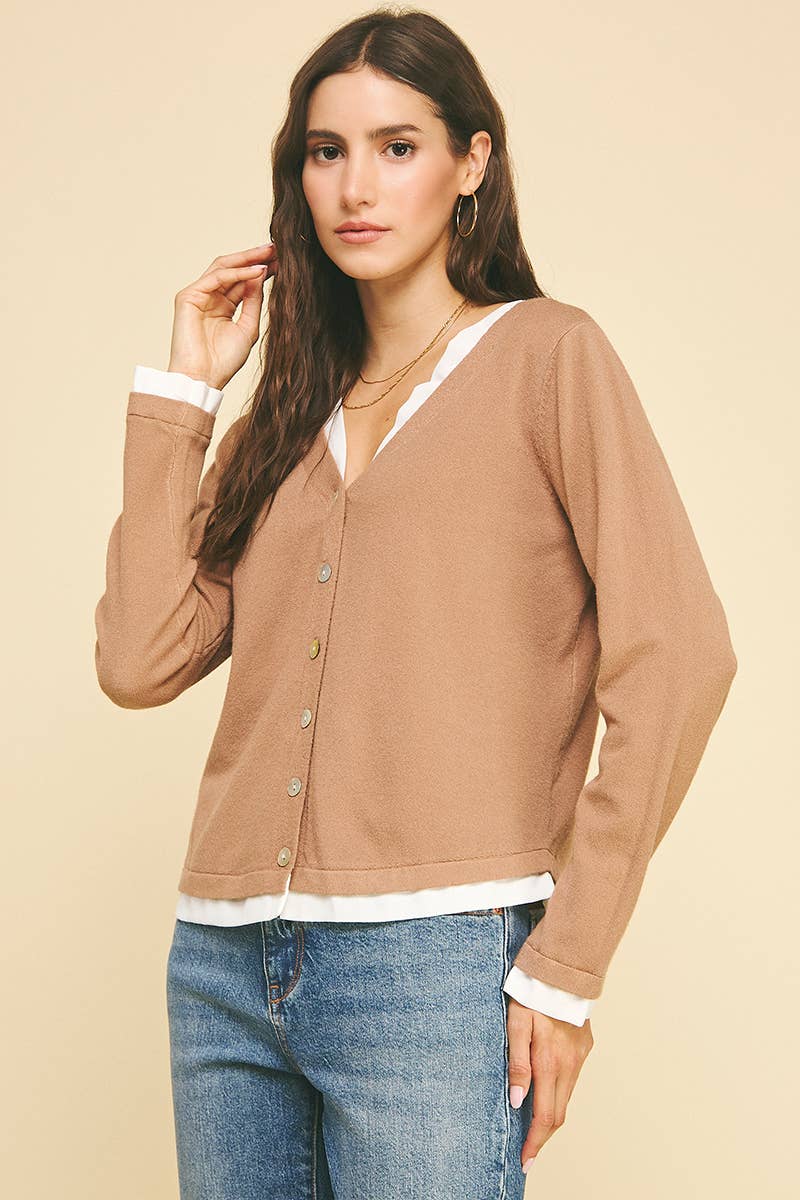 PINCH - Wholesale Knit Top - Women's - V-NECK WOVEN COMBO CARDIGAN TOP - 5831W31