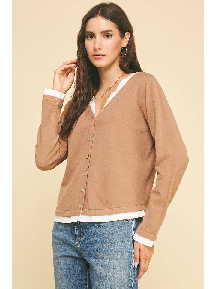 PINCH - Wholesale Knit Top - Women's - V-NECK WOVEN COMBO CARDIGAN TOP - 5831W31