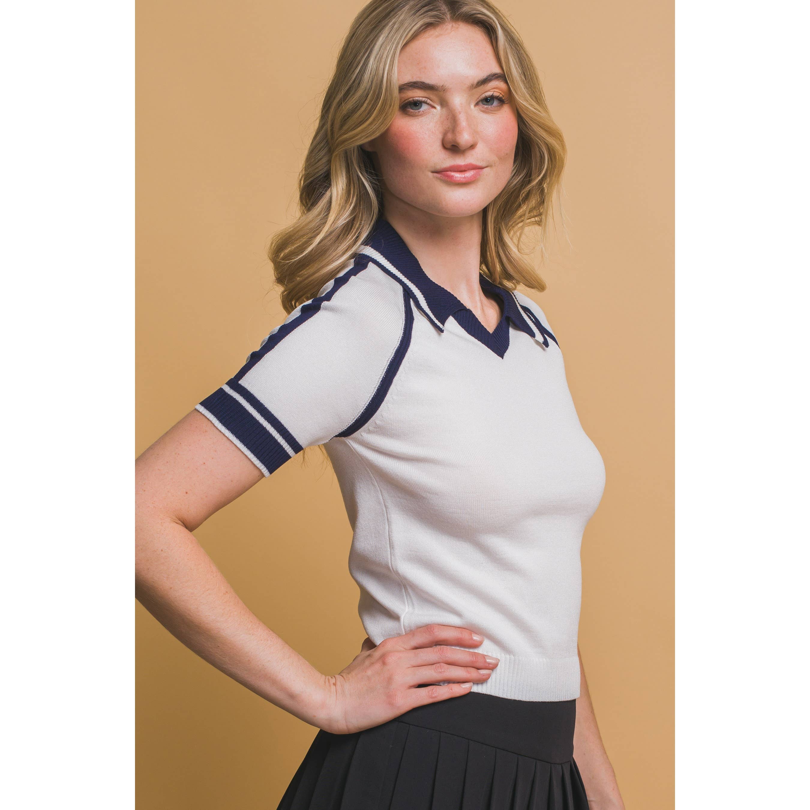 Paperdoll - Wholesale Knit Top - Women's - Striped Knit Polo Shirt1