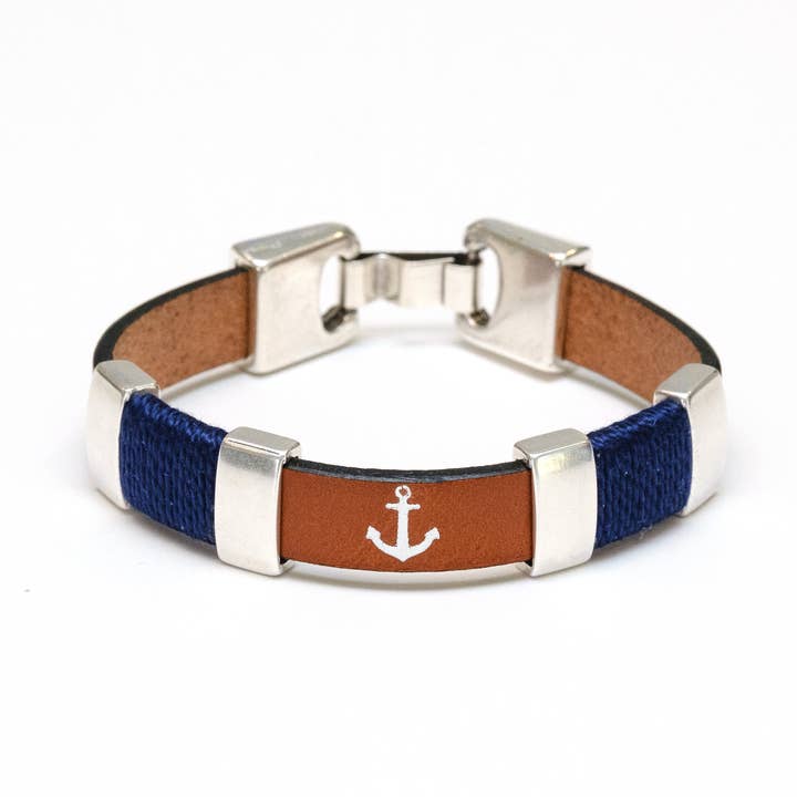 Chatham - Armband mit Anker aus Leder in Mahagoni, Marineblau und Silber für den Großhandel von Allison Cole Jewelry