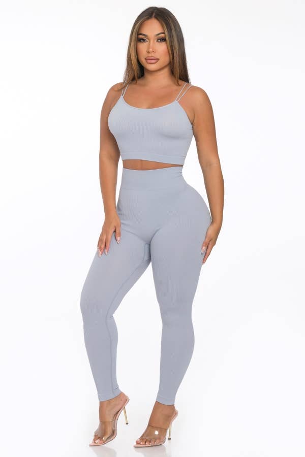 Lime All the Time - Wholesale Lounge Set - Women's - 2 Pcs Seamless Double Spaghetti Strap Top and Legging Set8