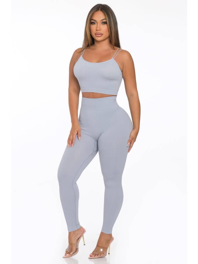 Lime All the Time - Wholesale Lounge Set - Women's - 2 Pcs Seamless Double Spaghetti Strap Top and Legging Set8