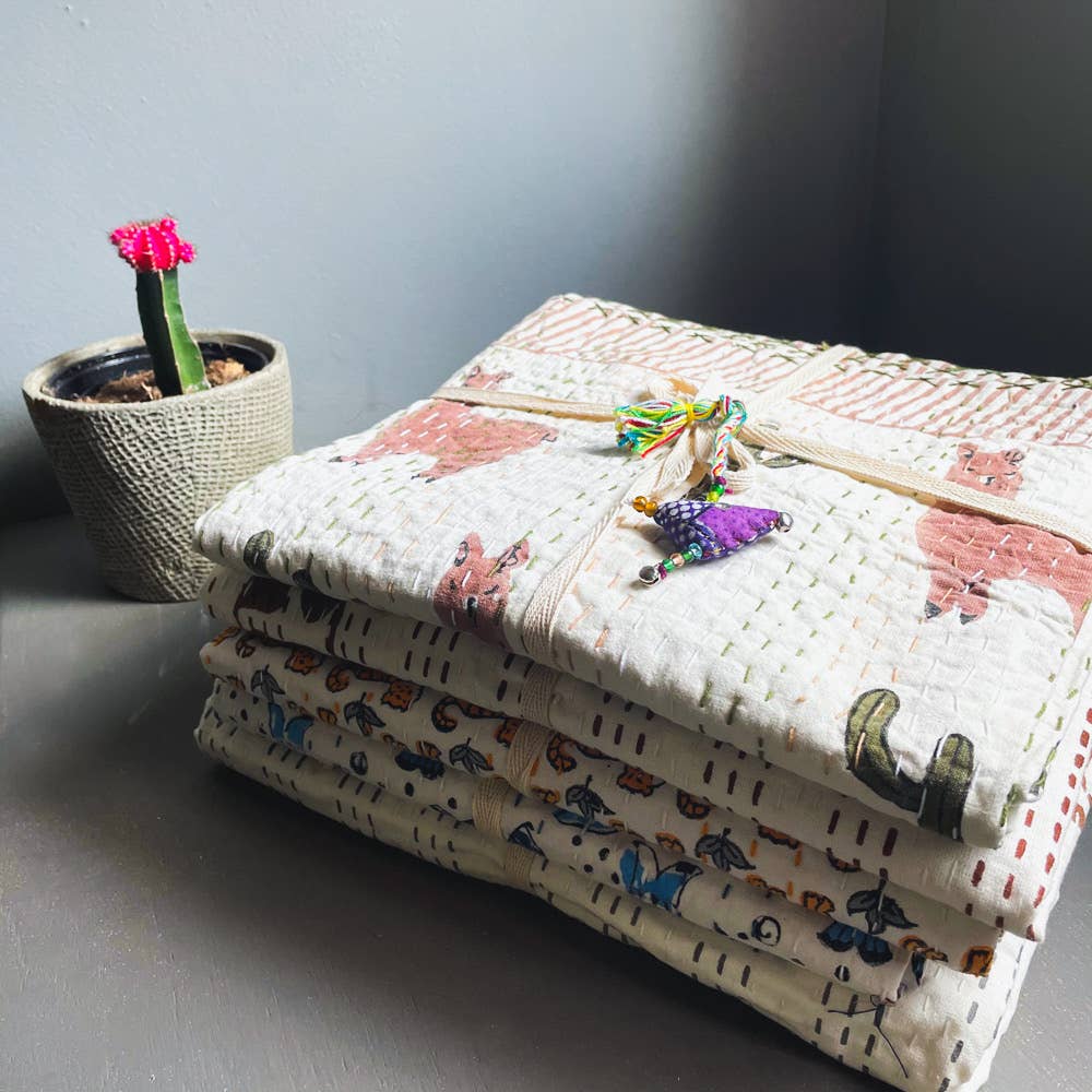 Mira Fair Trade - Wholesale Bedding Blanket - Kids & Baby - Baby Block Printed Kantha Blanket - Fish Print3