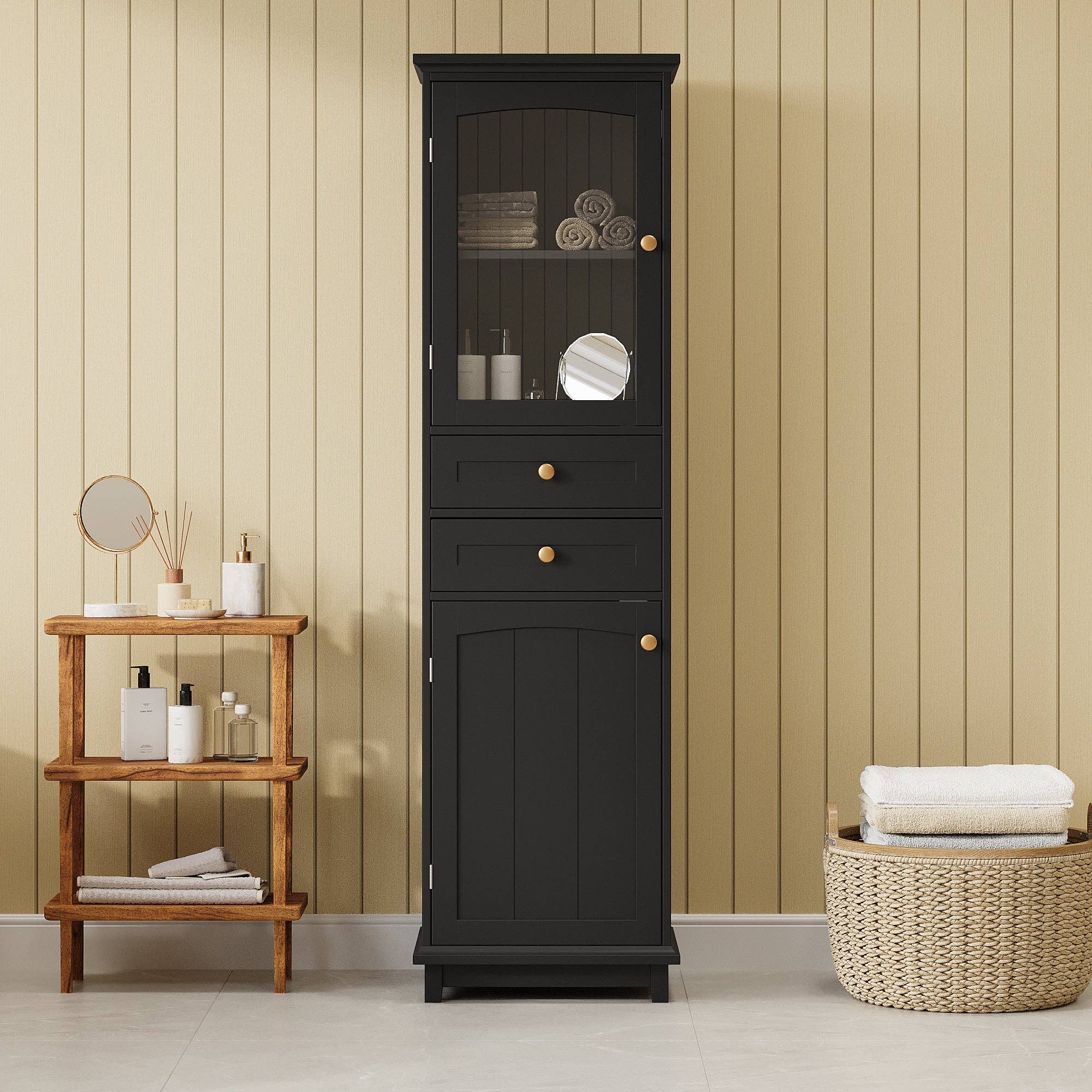 Orange County Decor - Wholesale Cabinet - 63" Tall Bathroom Storage Cabinet With Glass Doors, Free Standing, Two Drawers, And Adjustable Shelves, Mdf Board, Painted Black Perfect For Displaying Your Favorite Items 2 Black 2 4 Adjustable2