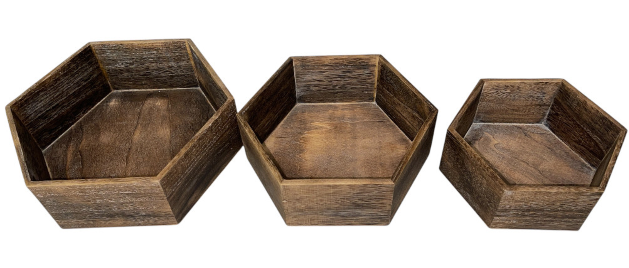 Thompson Wholesale - Wholesale Plant Pot - Natural & Gray Hexagon Washed Wood Pots -- 12 Piece Set3