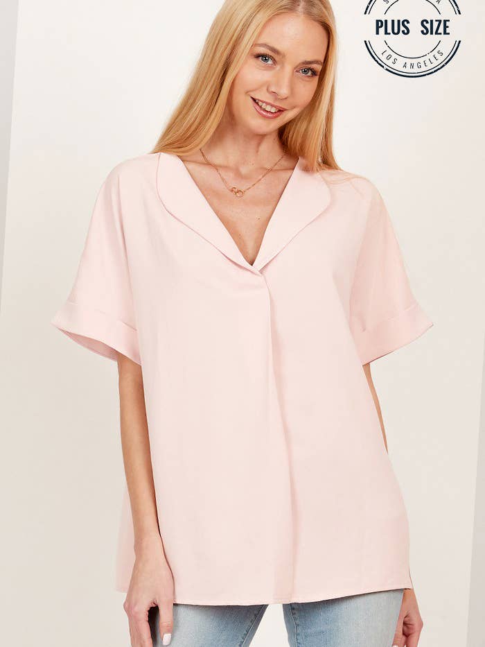 Shopin LA - Wholesale Blouse - Women's - SPT5068P - PLUS SOLID COLLARED SHORT SLEEVE LOOSE BOXY TOP