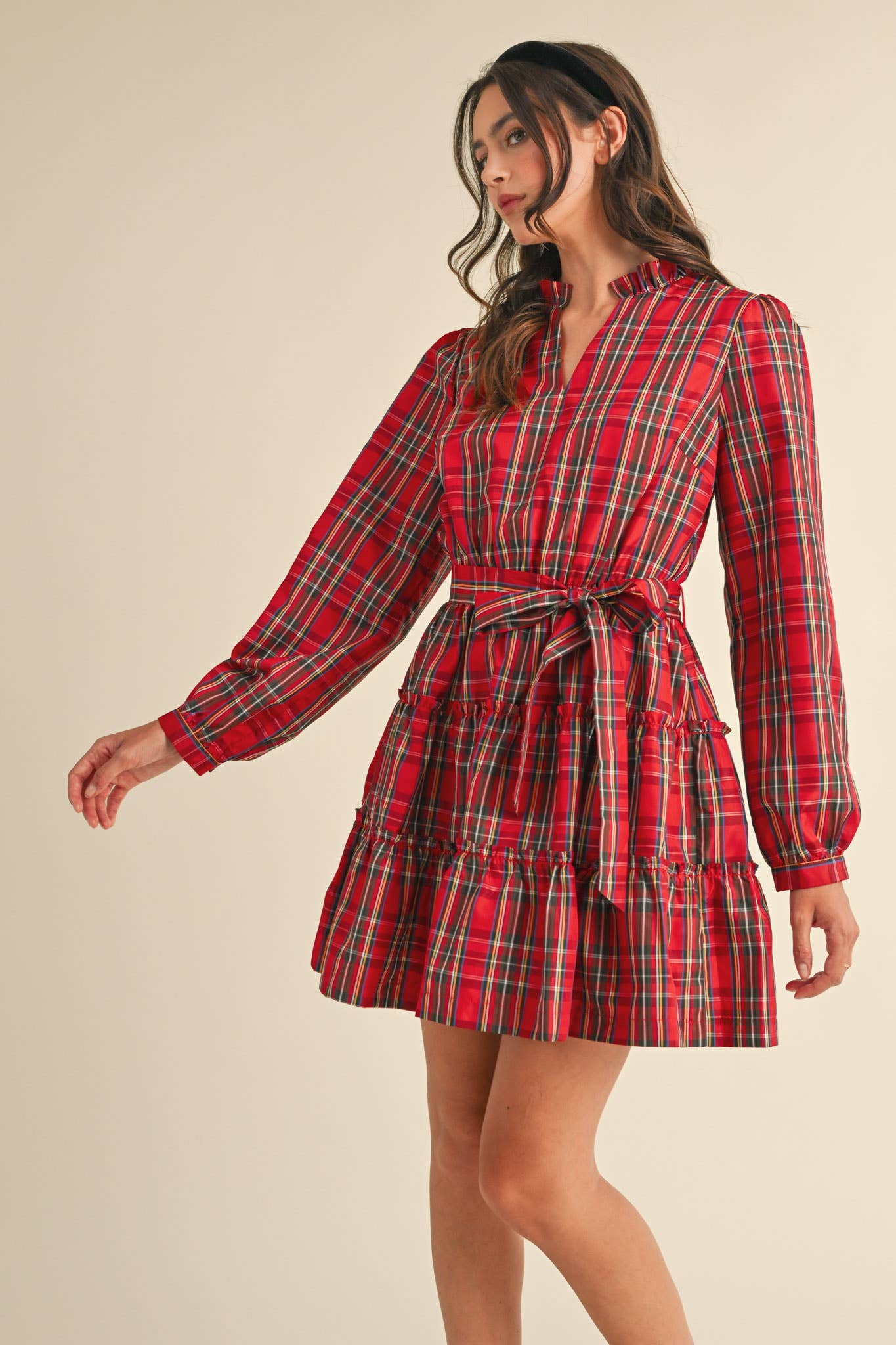 &MERCI - Wholesale Dress - Women's - PLAID MINI DRESS WITH TIERED RUFFLE TRIM MDR353818