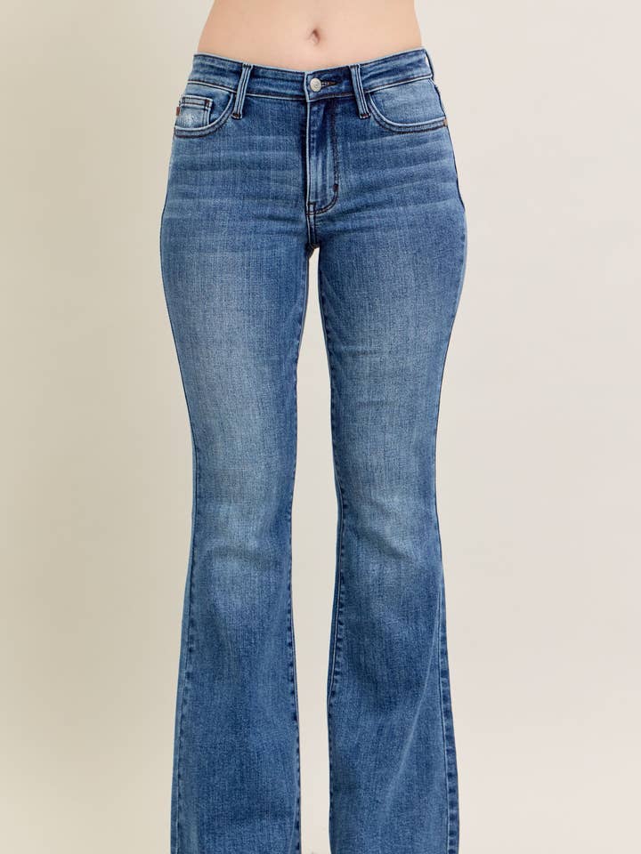 Mid Rise Vintage Wash Flare w/ Distressed and Fray Hem for wholesale by Judy Blue Jeans