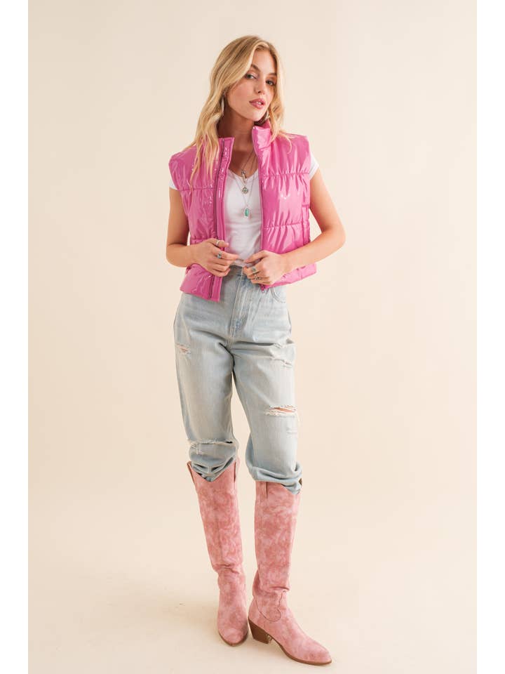Blue B - Wholesale Outerwear Vest - Women's - 22656J - Gloss Shiny PU Quilted Puffer Zip Up Crop Vest9