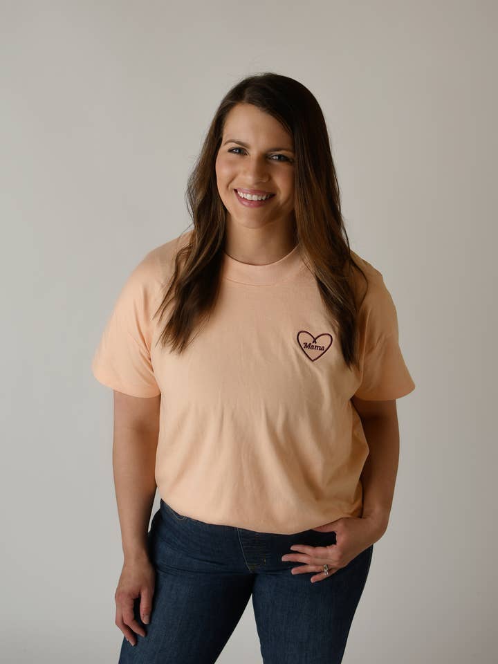 Mama Embroidered Heart Tee in Peach for wholesale by Storied Folk & Co.