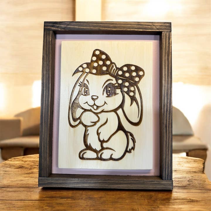 Handcrafted Cute Bunny Wood Sign with Pink Background for wholesale by Faithful Creations Studios