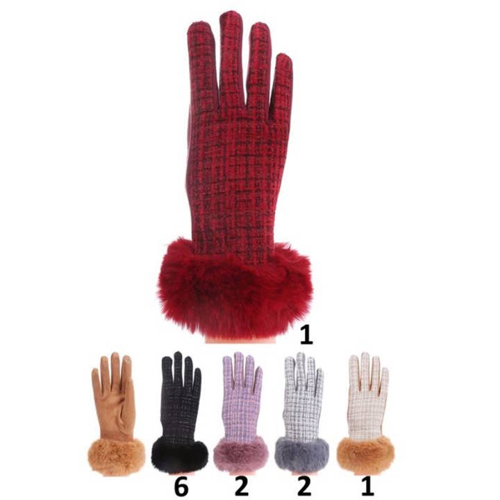 Women's Fur Check Pattern Touch Screen Gloves GL184 (12PAIR) for wholesale by TAPA fashion