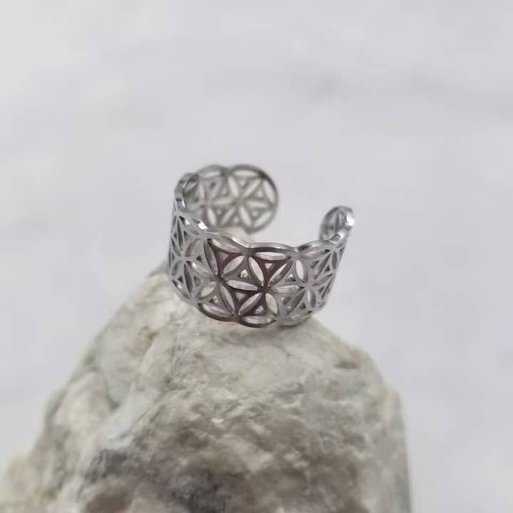 Adjustable Stainless Steel Flower Of Life Ring for wholesale by The Pretty Jewellery