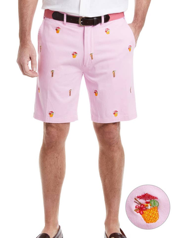 Cisco Short Stretch Twill Pink with Tiki and Coconut Drinks for wholesale by Castaway Clothing Nantucket Island