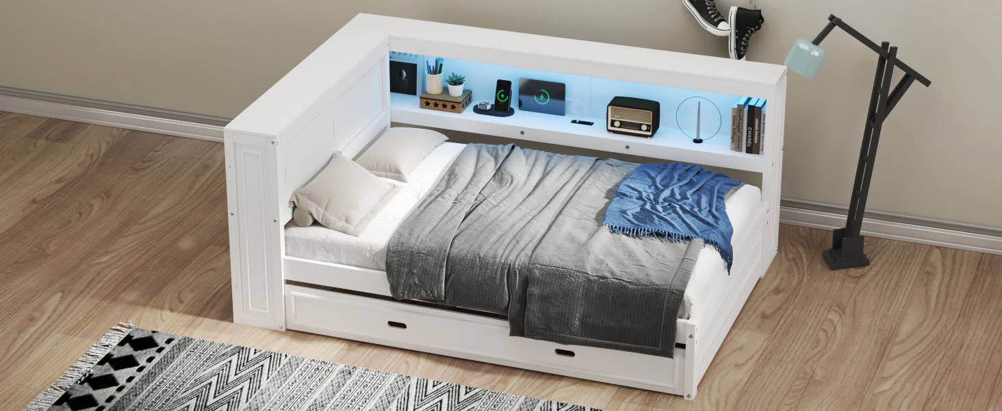 39F Inc. - Wholesale Bed - Full Size White Daybed with Storage Shelves USB and Trundle8