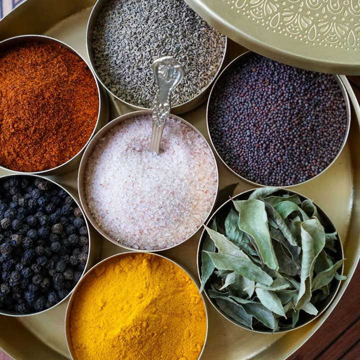 Pure Indian Foods - Wholesale Kitchen Storage/Organizer - Gold Mandala Indian Spice Box + 12-Spice Sampler Gift Set1