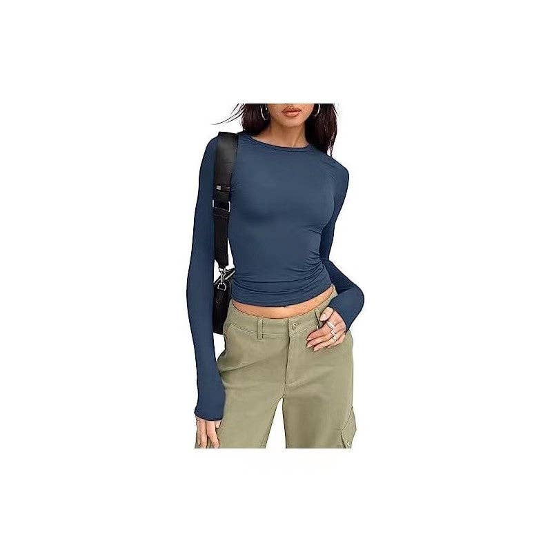 Sheer Trend - Wholesale T-Shirt - Women's - Solid Color Casual Long Sleeved Slim Fit T-Shirt1