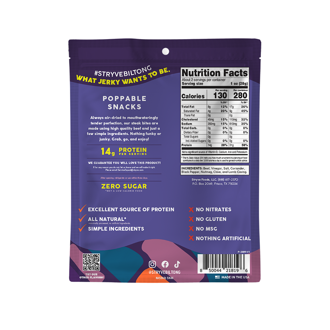Stryve Foods, LLC - Vente Viande séchée - Bouchées de steak original Stryve - 2,25 oz1