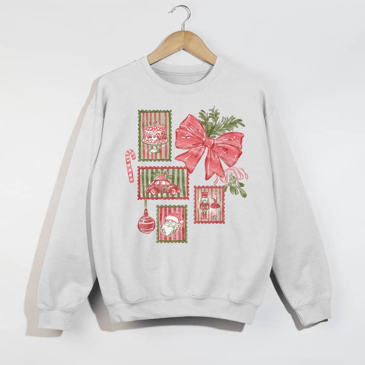 Hey Jude Graphic Tees - Wholesale Graphic Sweatshirt - Women's - Christmas Bow & Holiday Stamps Crewneck Sweatshirt3