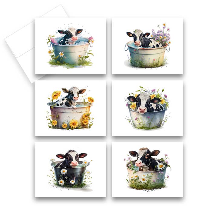 Assorted Cow Bath Greeting Cards, Set of 6, Notecards for wholesale by Aria Rae