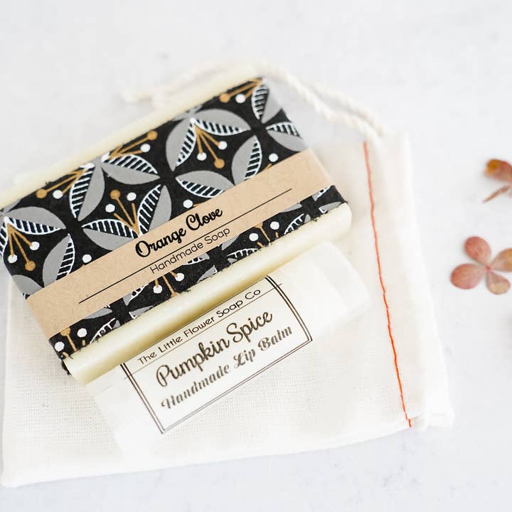 The Little Flower Soap Co - Wholesale Gift Bag Set/Pack - Fall Mini gift bag: Pumpkin Spice Lip and Orange Clove Soap1