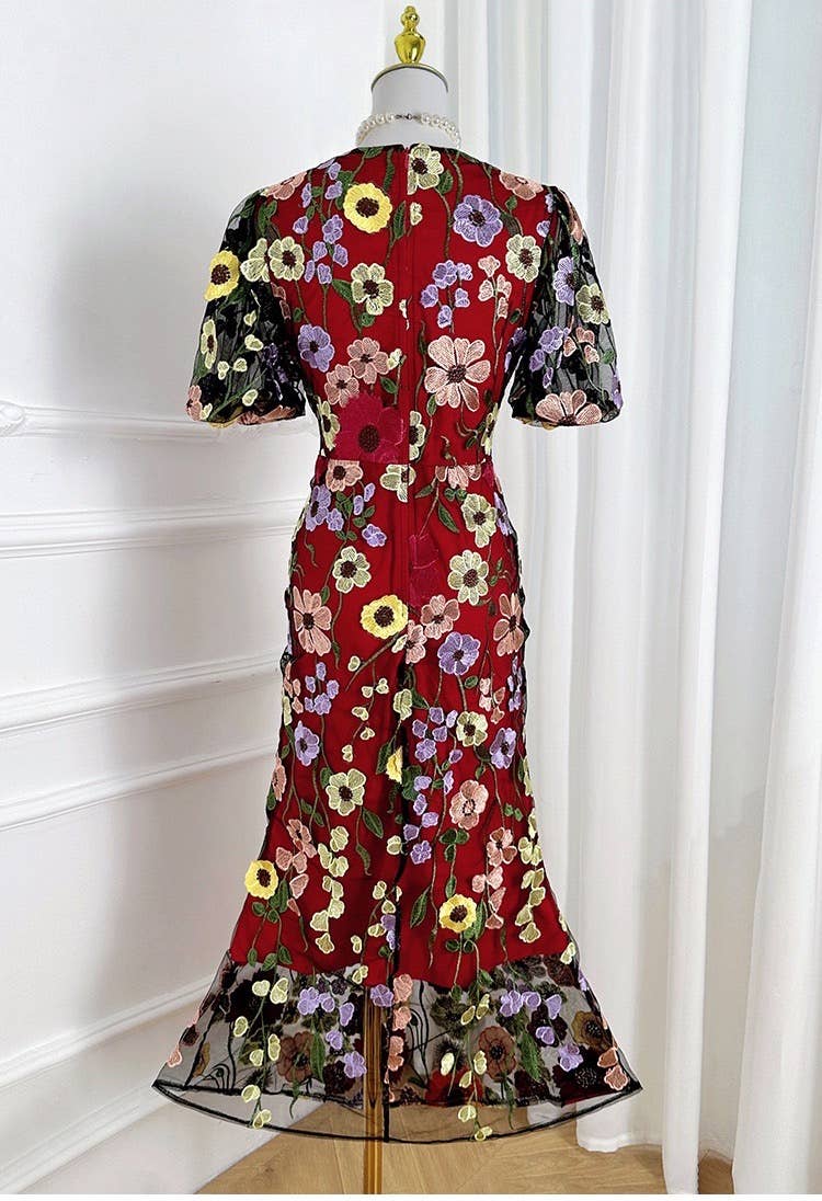 Sanyao Fashion - Wholesale Dress - Women's - SY474 3D Floral Embroidered Puff Sleeve Fishtail Skirt13