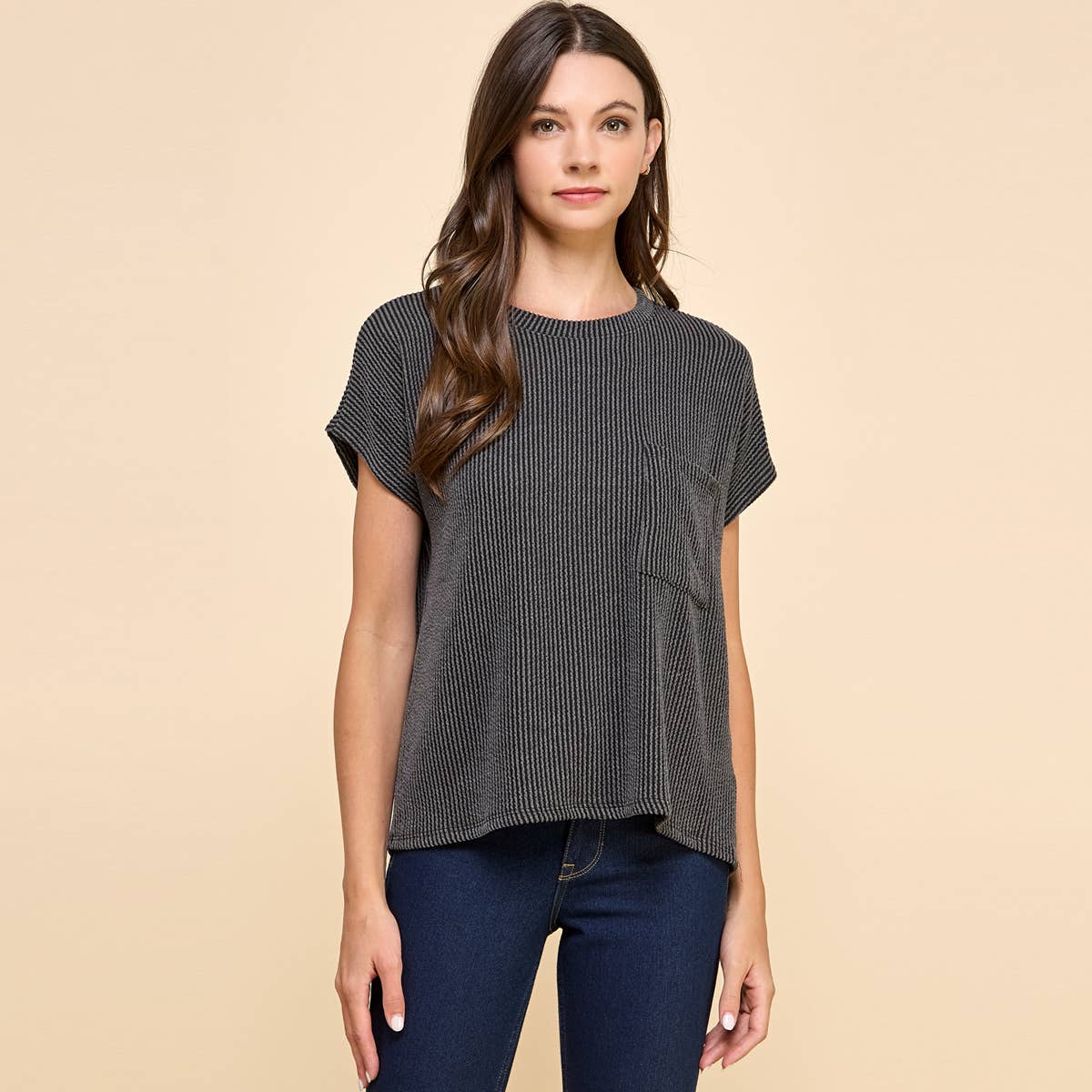Les Amis - Wholesale Knit Top - Women's - Solid Ribbed Top with Pockets0