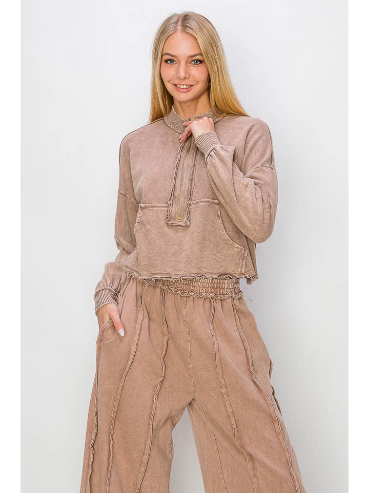 J.Her - Venta al por mayor Sudadera - Mujer - Top con bolsillo tipo canguro con media cremallera Mineral Wash HT5546