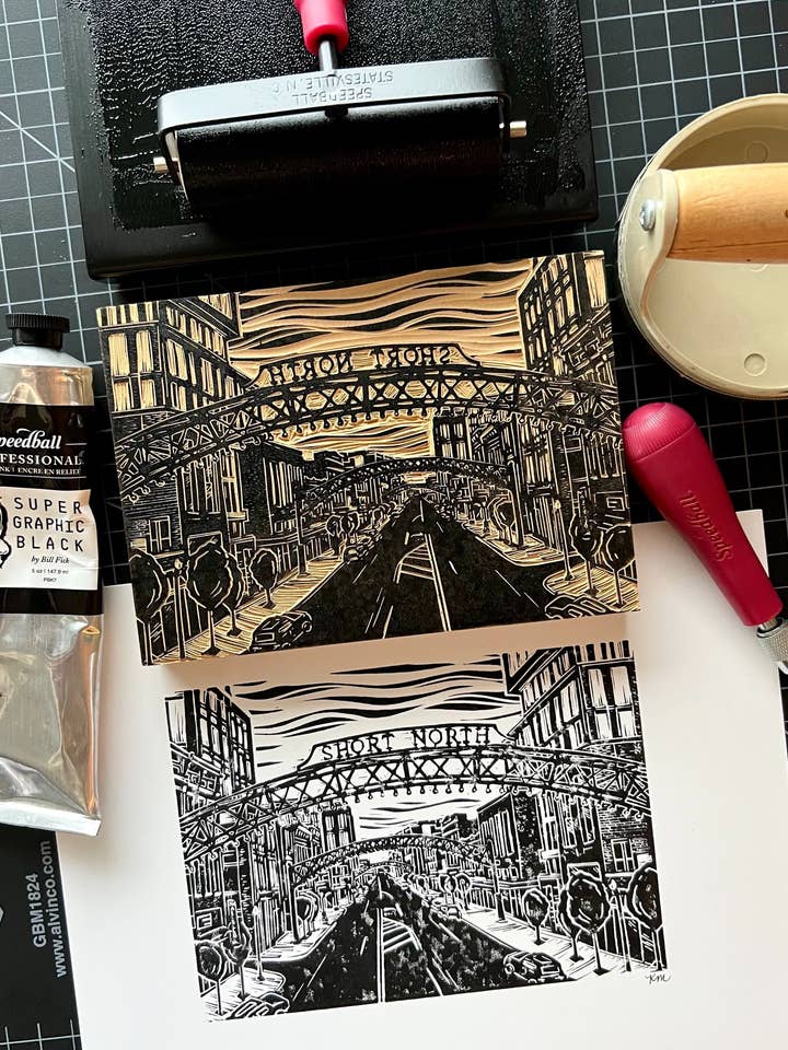 Short North Columbus Linoleum Ink Print for wholesale by KatieMcKDesigns
