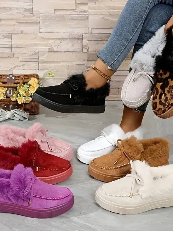 Bow Furry Round Toe Flat Slip-Ons for wholesale by Garden Naked